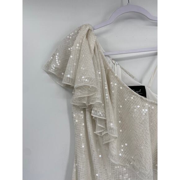 Mac Duggal 10800 White Sequin One Shoulder Ruffled Cocktail Dress Size 4 NWT - Picture 5 of 9